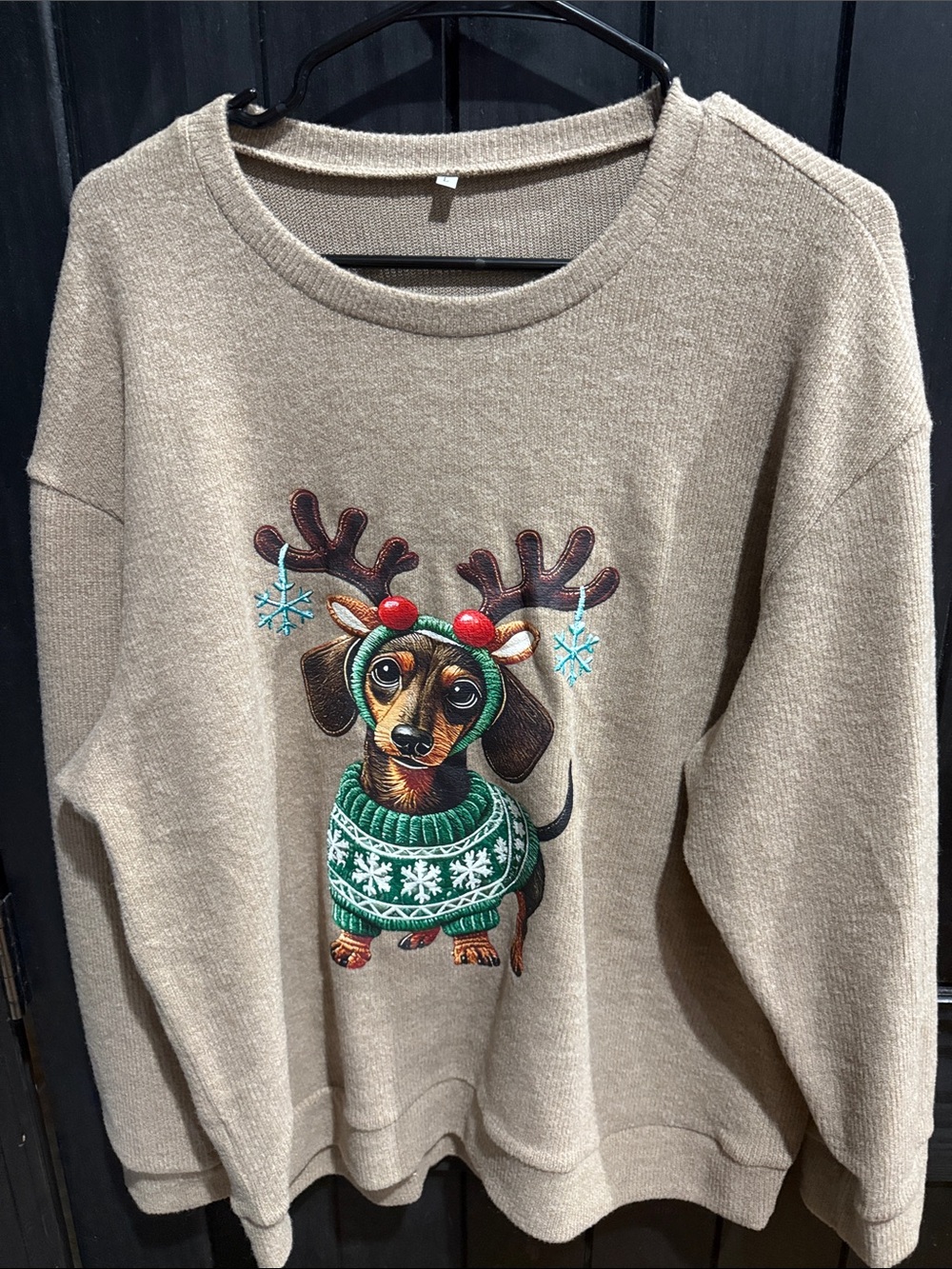 Uniqlo Beige Crewneck Sweater with Festive Dachshund Embroidery